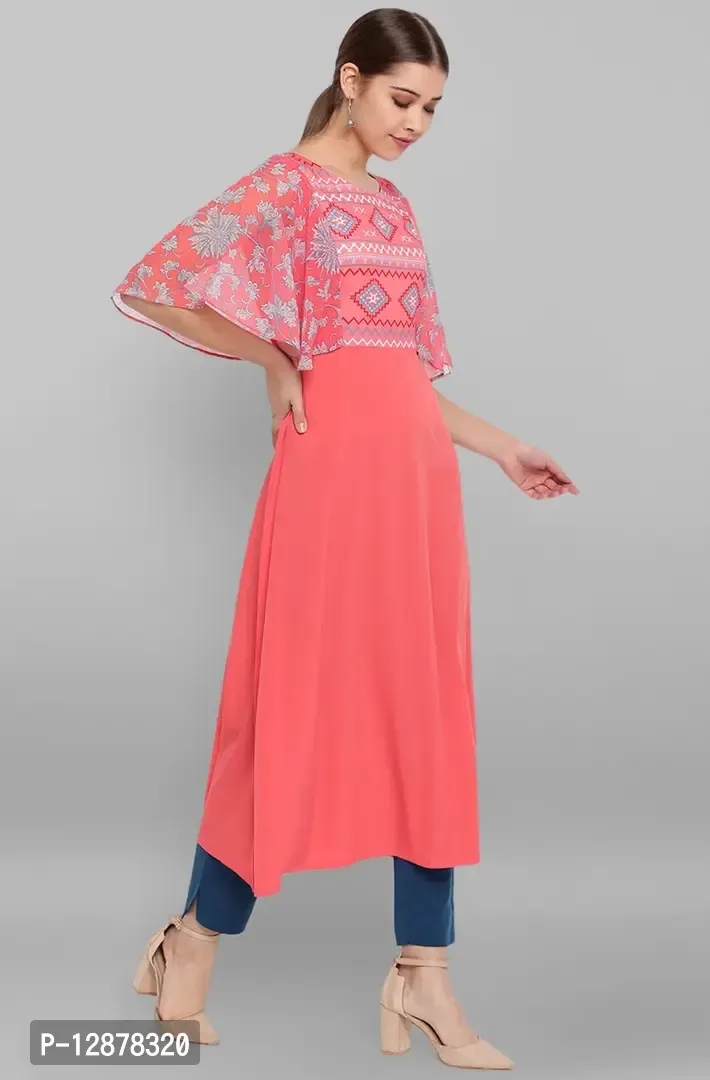 Alluring Coral Poly Crepe Digital Print Flared Kurta For Women - Coral, S