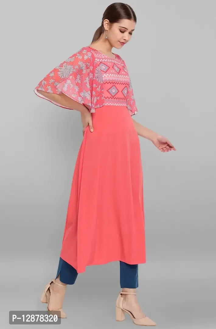 Alluring Coral Poly Crepe Digital Print Flared Kurta For Women - Coral, M