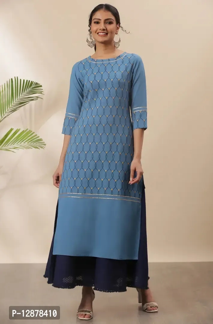 Alluring Blue Poly Crepe Ethnic Motifs Straight Kurta For Women - Blue, XS