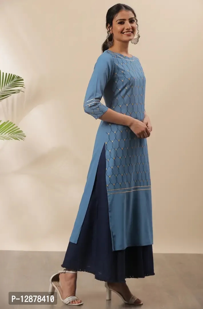 Alluring Blue Poly Crepe Ethnic Motifs Straight Kurta For Women - Blue, XS