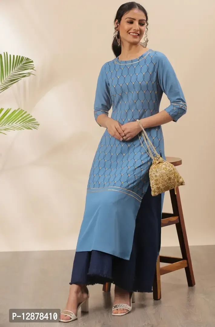 Alluring Blue Poly Crepe Ethnic Motifs Straight Kurta For Women - Blue, M