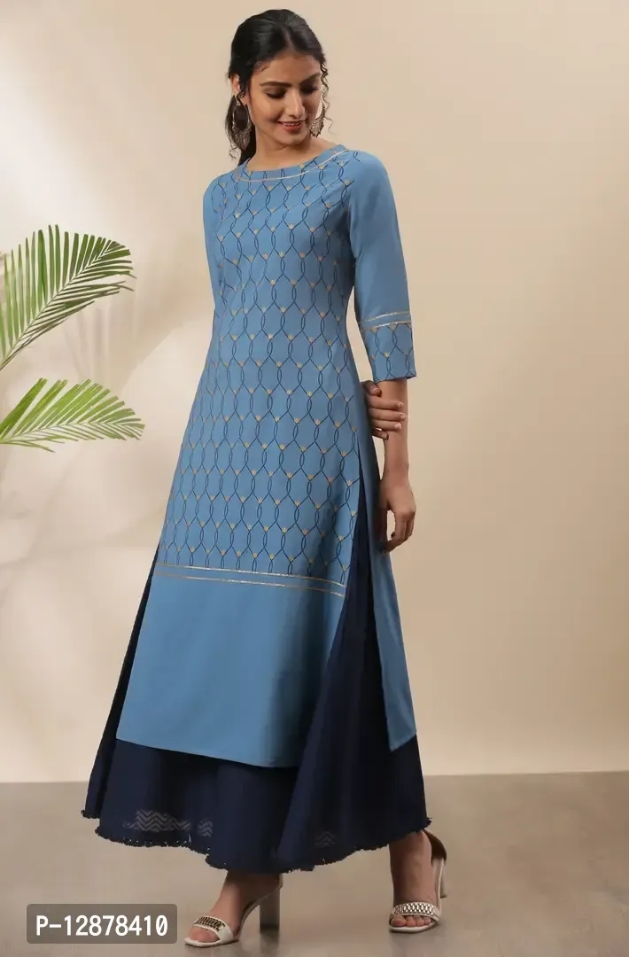 Alluring Blue Poly Crepe Ethnic Motifs Straight Kurta For Women - Blue, L