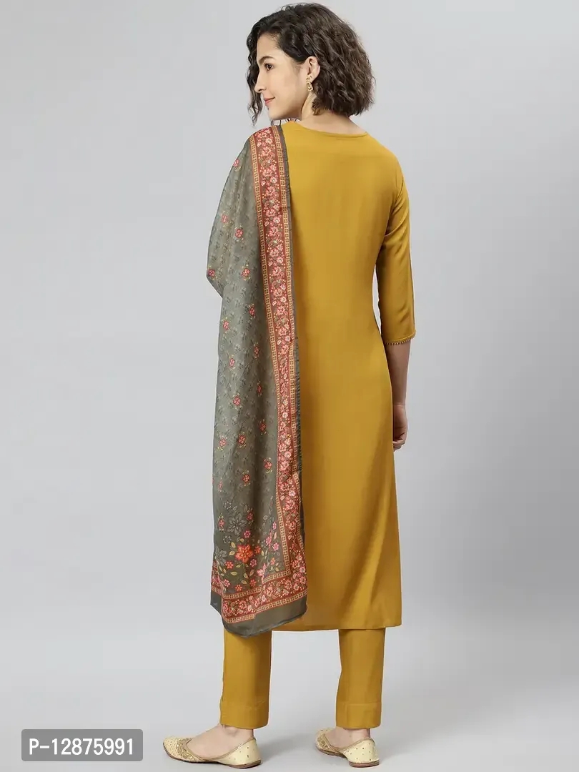 Elegant Mustard Rayon Solid Kurta With Pant And Dupatta For Women - XS