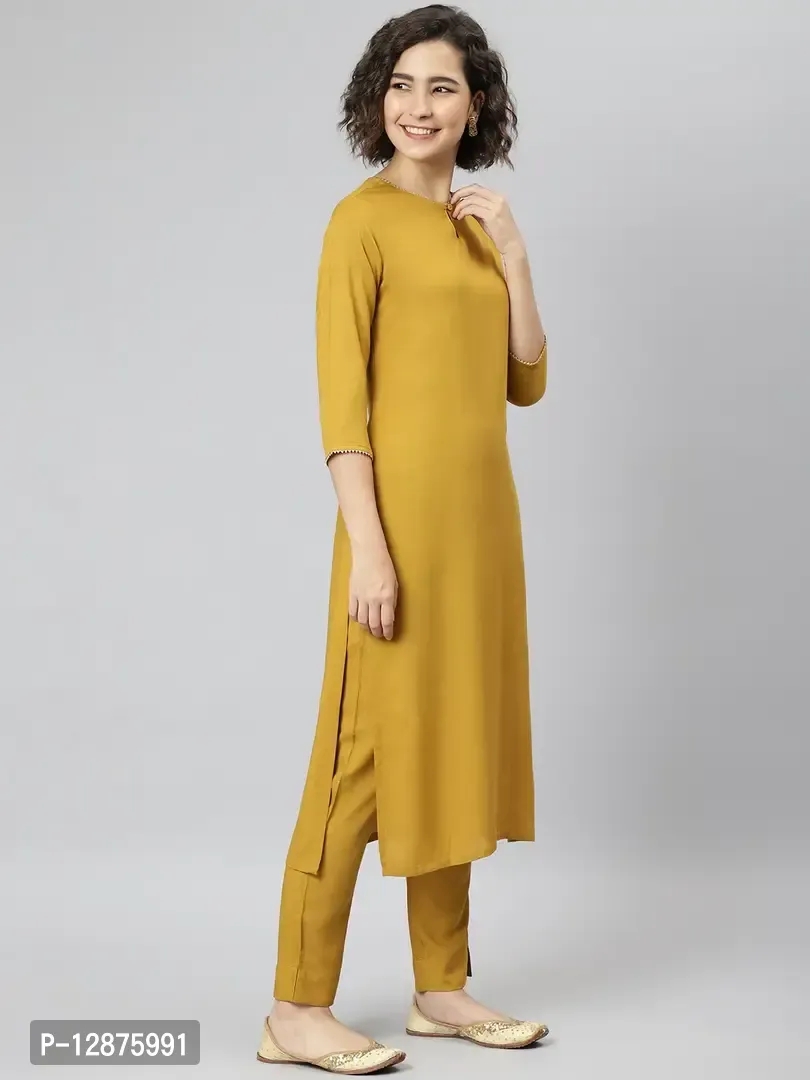 Elegant Mustard Rayon Solid Kurta With Pant And Dupatta For Women - XS