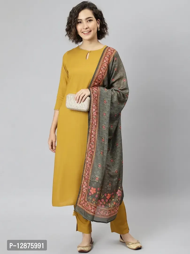 Elegant Mustard Rayon Solid Kurta With Pant And Dupatta For Women - M