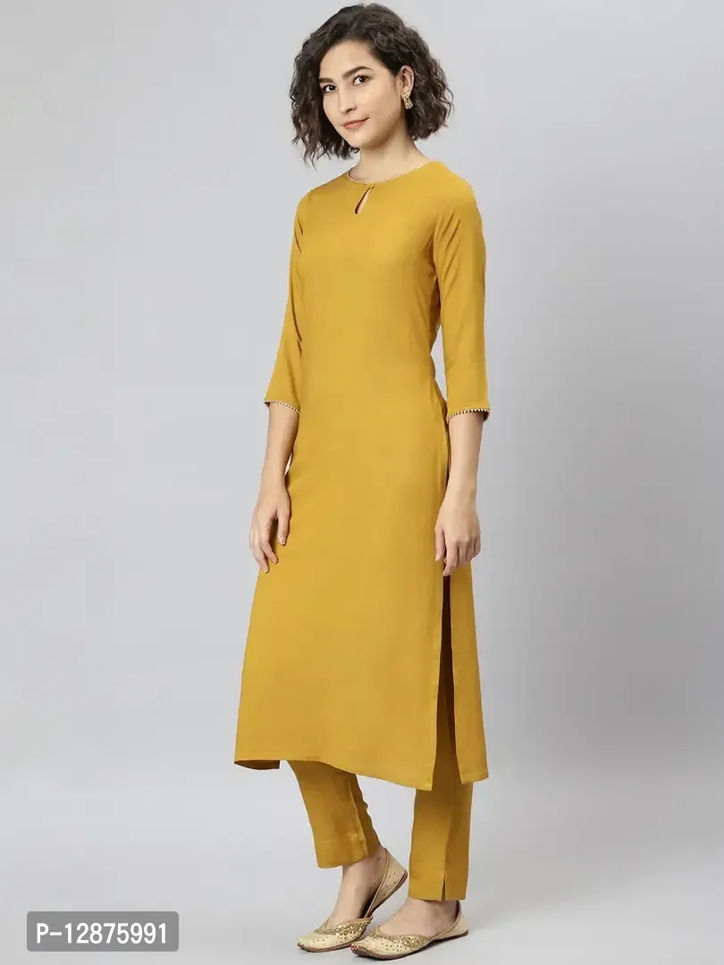 Elegant Mustard Rayon Solid Kurta With Pant And Dupatta For Women - M