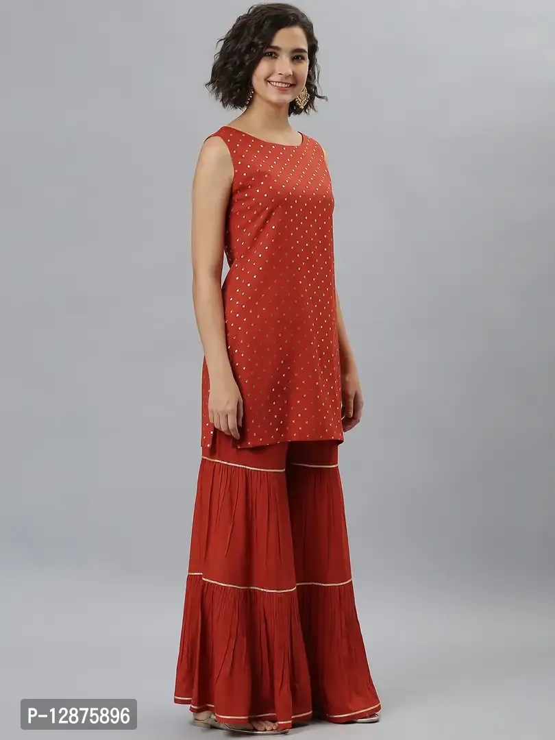 Elegant Orange Rayon Foil Print Kurta With Sharara And Dupatta For Women - XS