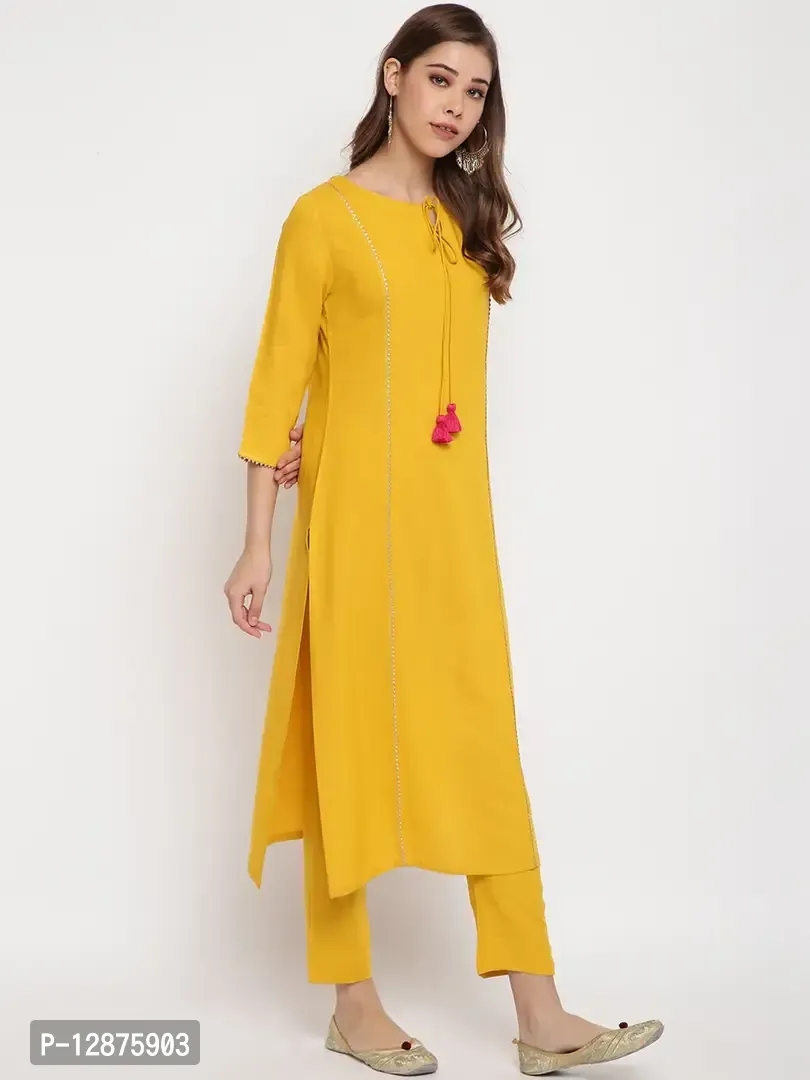 Elegant Mustard Rayon Solid Kurta With Pant And Dupatta For Women - XS