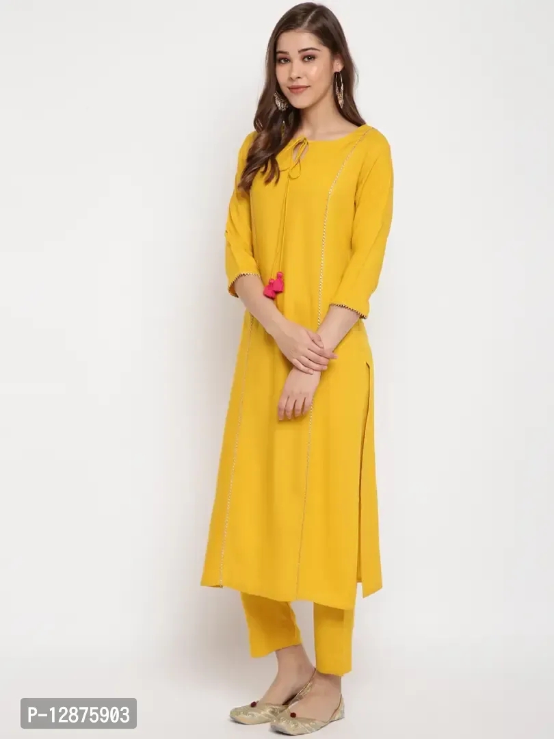 Elegant Mustard Rayon Solid Kurta With Pant And Dupatta For Women - XS