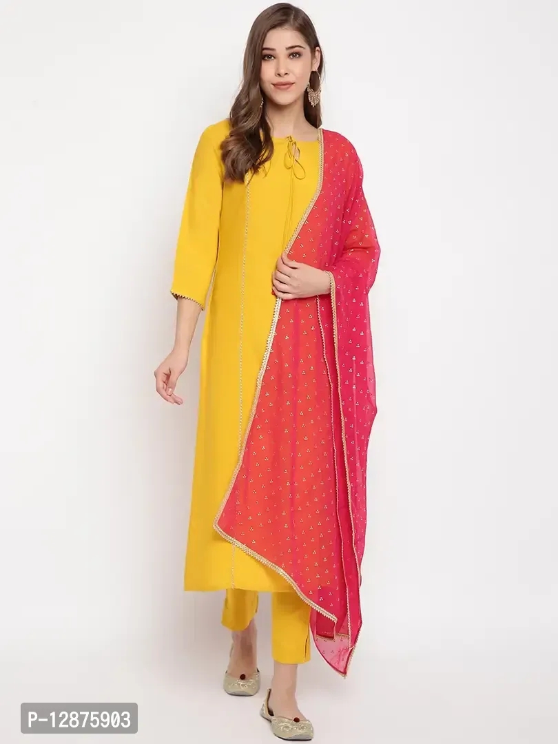 Elegant Mustard Rayon Solid Kurta With Pant And Dupatta For Women - S