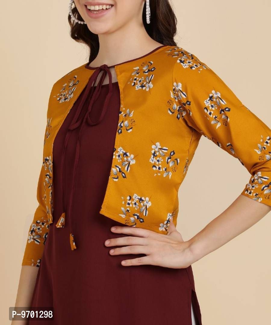 Womens Plain Crepe Straight Kurti with Printed Koti ( Jacket) - S