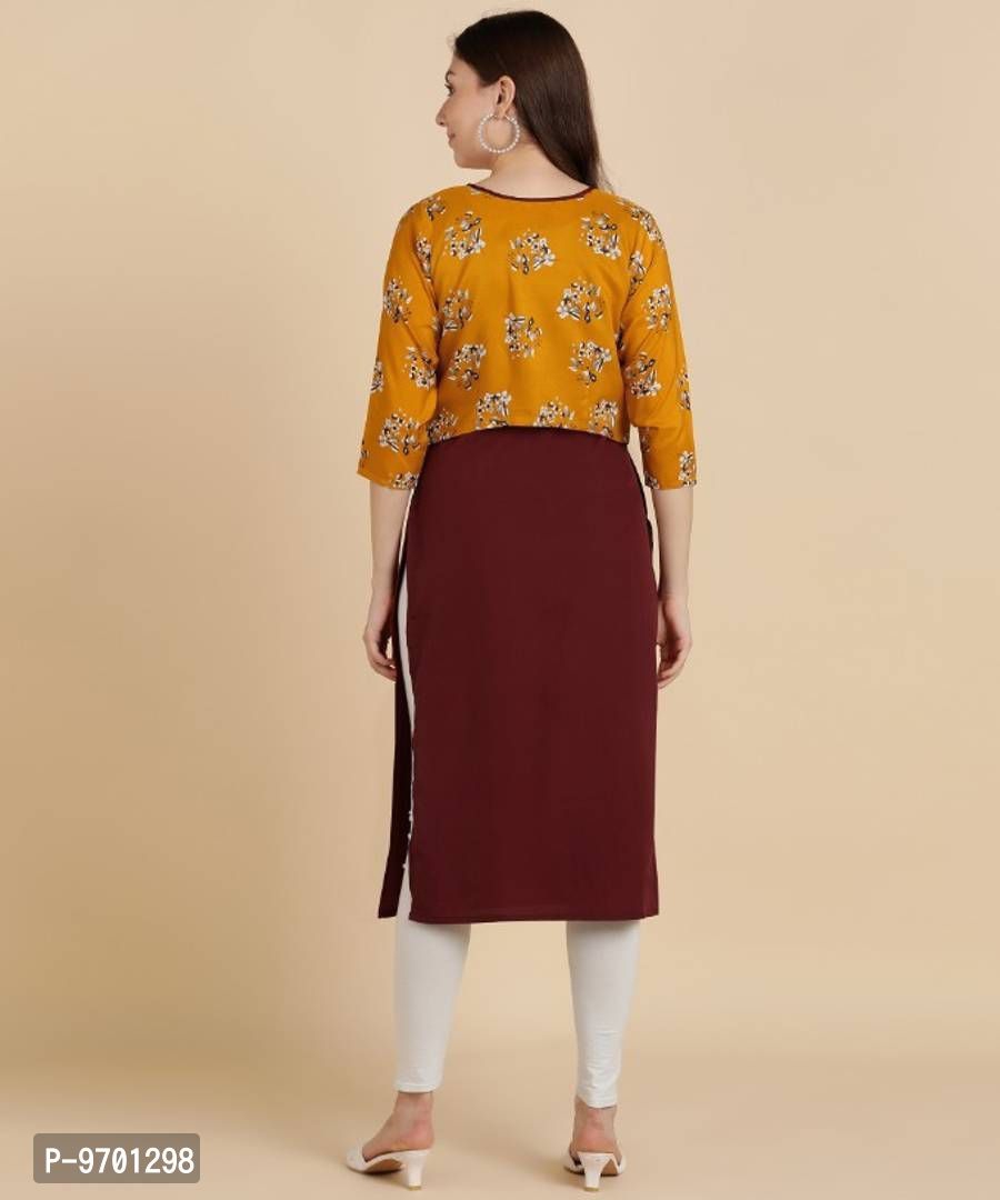Womens Plain Crepe Straight Kurti with Printed Koti ( Jacket) - XL