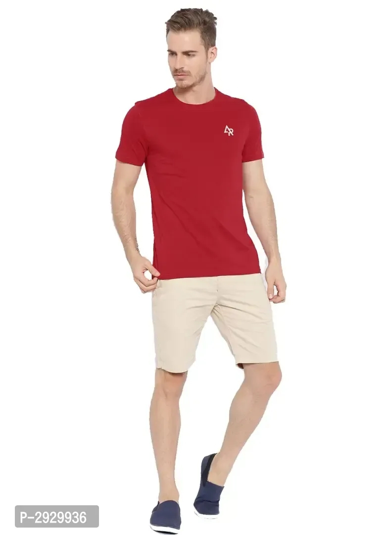 Men's Red Cotton Solid Round Neck Tees - S