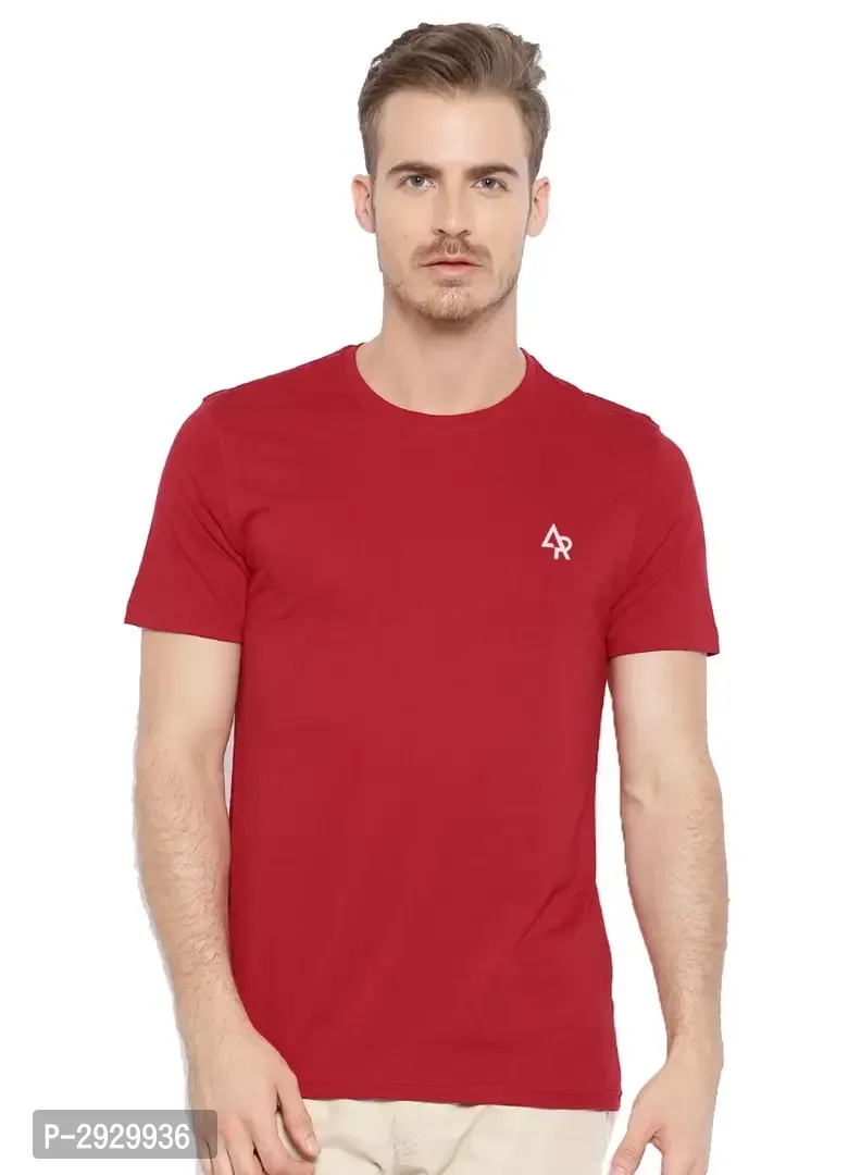 Men's Red Cotton Solid Round Neck Tees - L