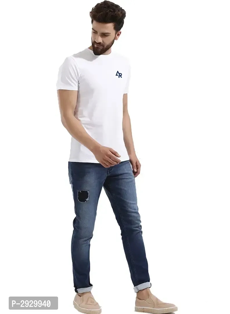 Men's White Cotton Solid Round Neck Tees - L