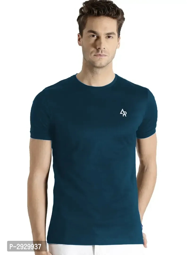 Men's Blue Cotton Solid Round Neck Tees - M