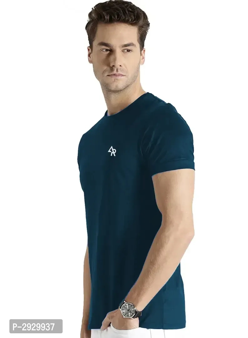 Men's Blue Cotton Solid Round Neck Tees - M