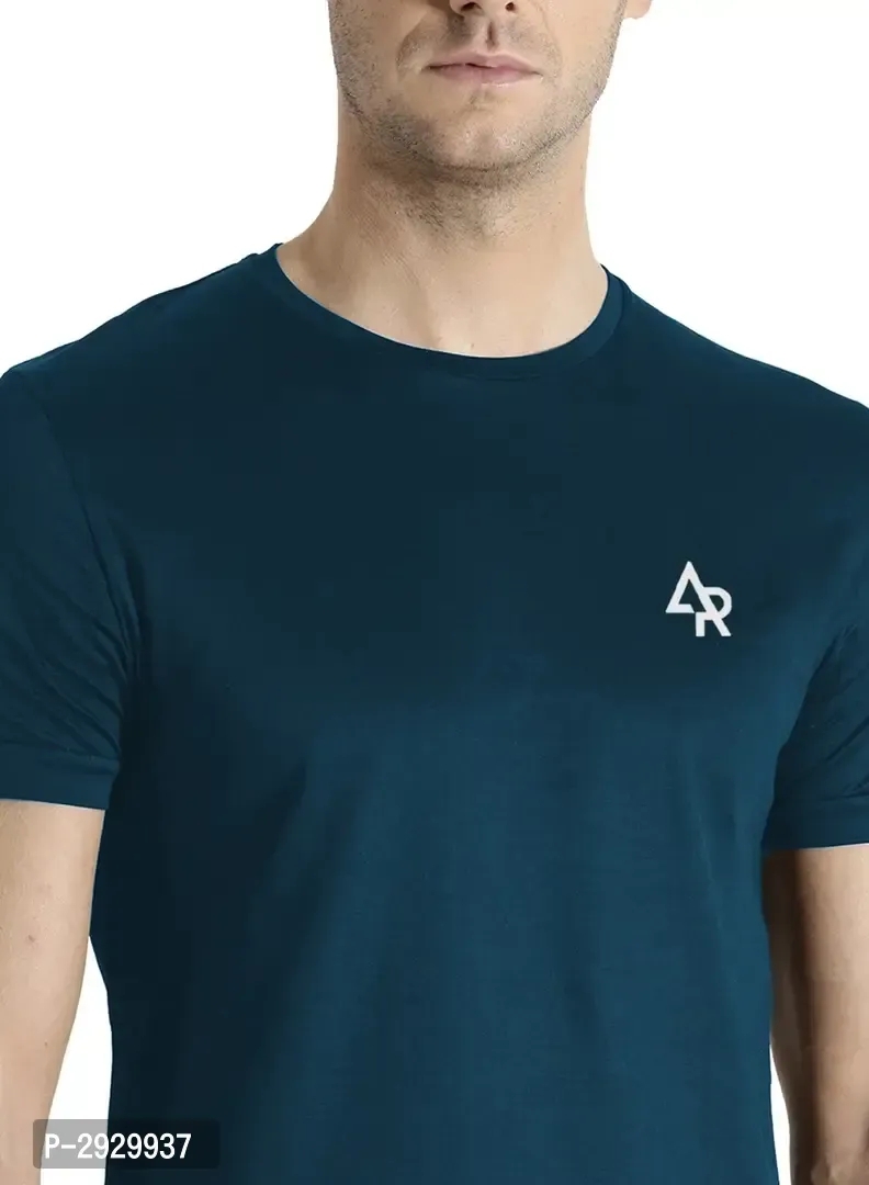 Men's Blue Cotton Solid Round Neck Tees - M