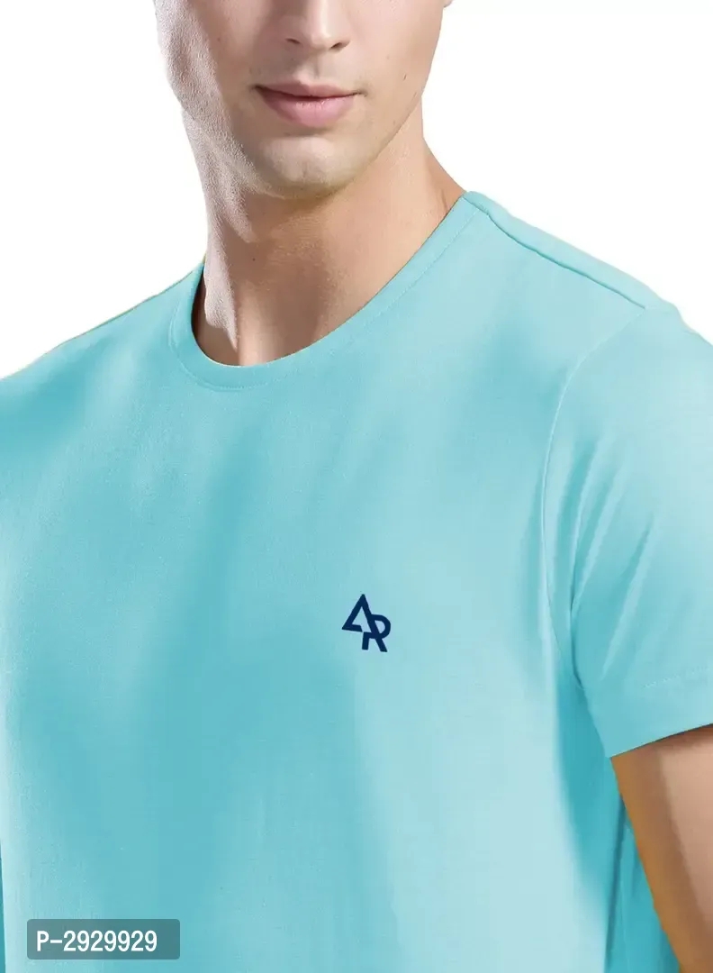 Men's Turquoise Cotton Solid Round Neck Tees - S