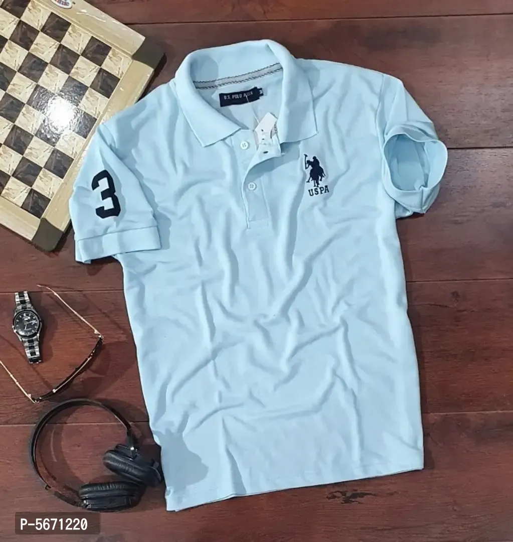 Mens Polycotton Polo Collar T-Shirt - Light Blue, M