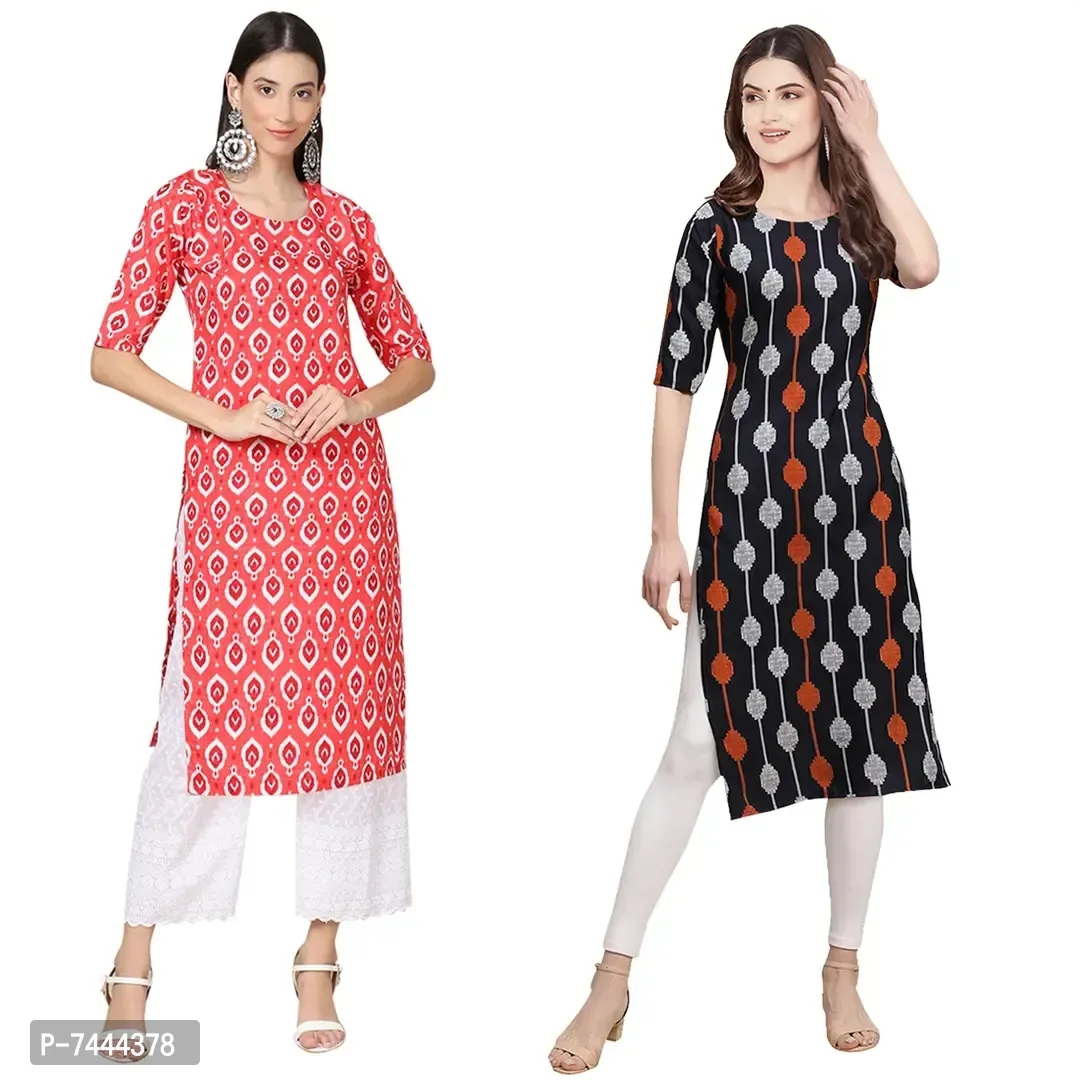 Stylish Crepe Printed Straight Kurta For Women- Pack Of 2 - L