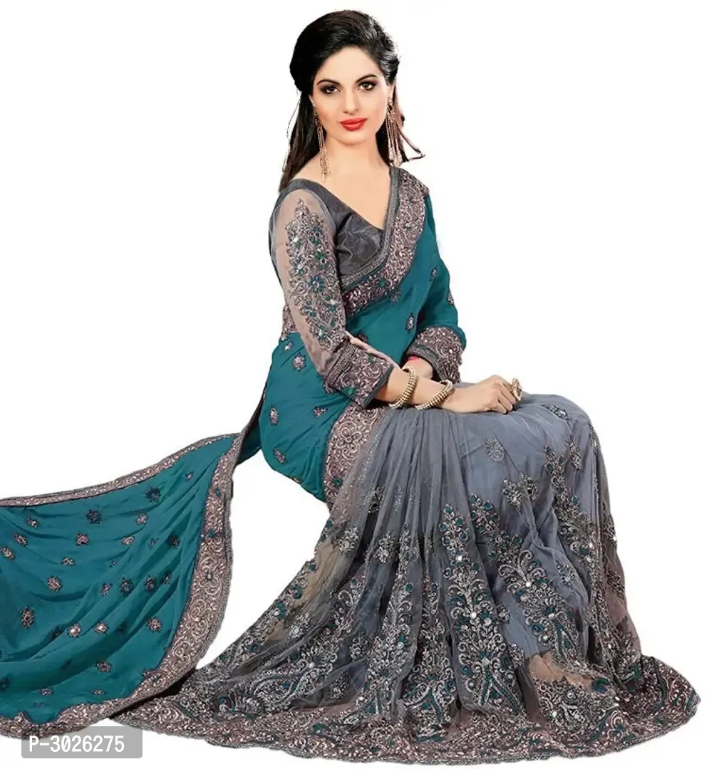 Stylish Multicolored Chiffon Embroidered Saree with Blouse piece