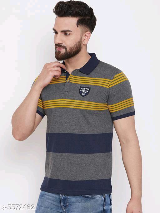 Austin Wood Men's Grey Striped Polo Neck T-shirt - S