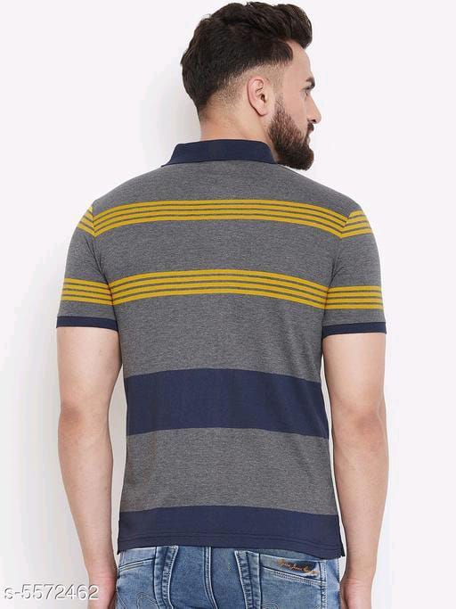 Austin Wood Men's Grey Striped Polo Neck T-shirt - M