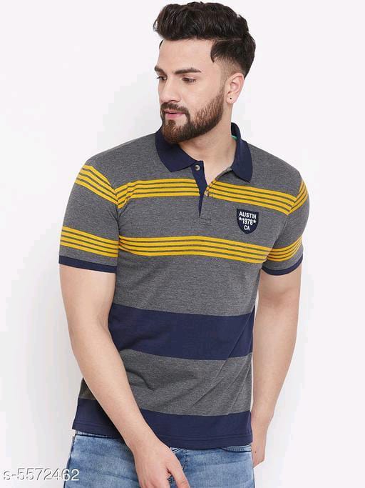 Austin Wood Men's Grey Striped Polo Neck T-shirt - M