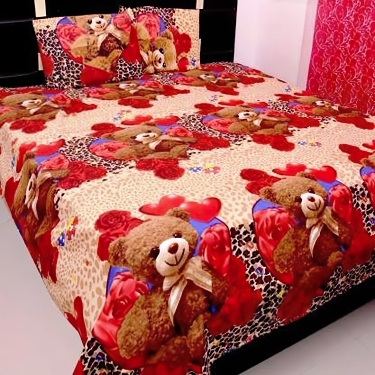 kajims 144 TC Cotton King Cartoon Flat BedsheetColor: Brown, Red Heart And Red Roses, TaadySize: KingFlat (L x W): 228 cm x 223 cmMaterial: CottonIncludes: Number of Bedsheets: 1, Number of Pillow Covers: 2Thread Count: 144Color: Red Heart And Red Roses, Brown, Taady7 Days Return Policy, No questions asked. - King