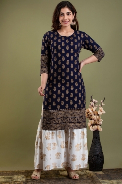 Surhi Women Kurta and Sharara SetViscose Rayon Fabric3/4 SleevePaisley PatternColor: Dark Blue, GoldFor Women10 Days Return Policy, No questions asked. - L