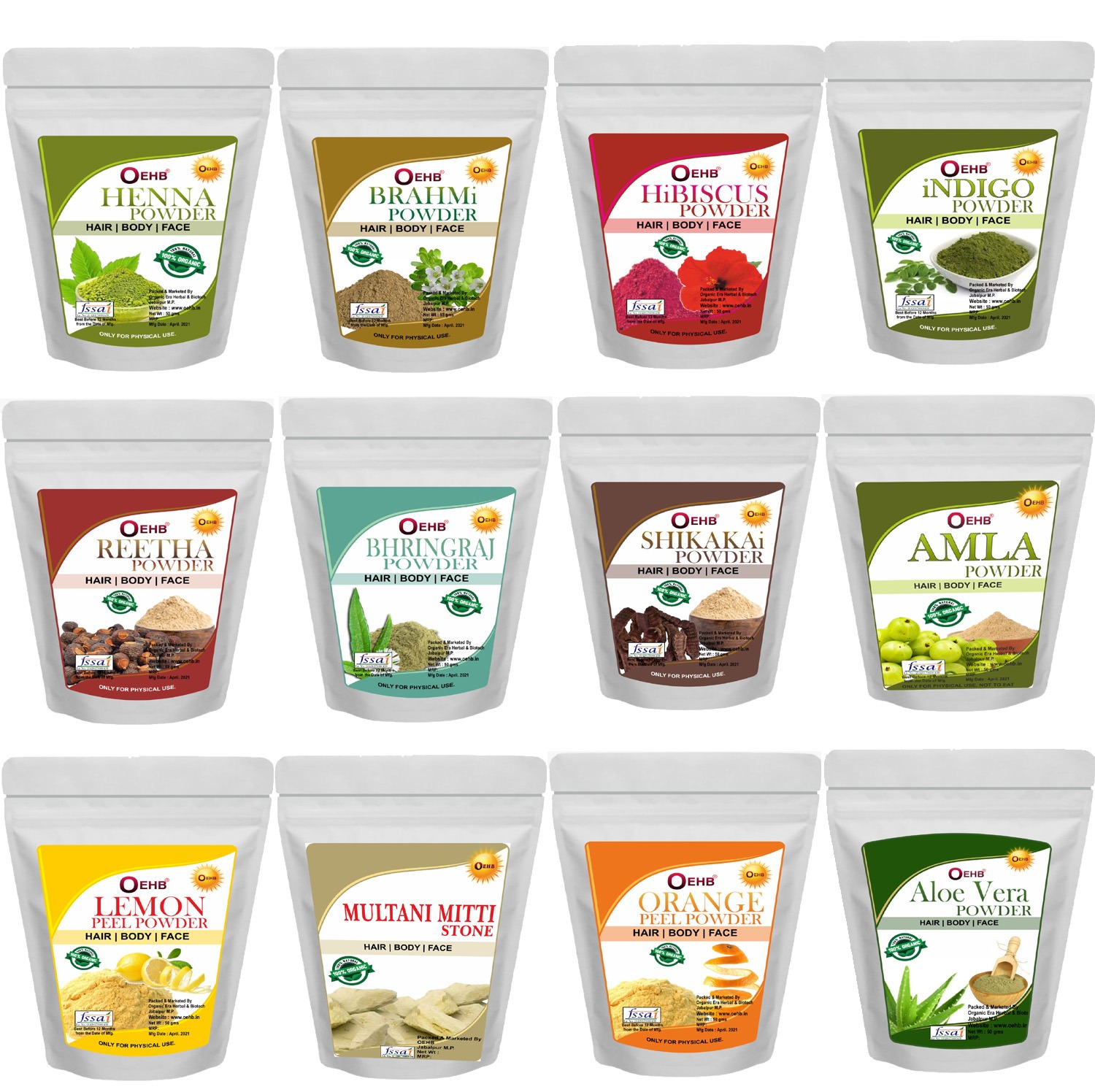 OEHB 100% Natural Organic Combo Pack Of-12 Amla,Reetha,Hibiscus,Shikakai,Indigo,Brahmi,Henna,Bharingraj Powder,Orange Peel,Lamon Peel,Multani Mitt, and Aloevera Leaf powder Each-50g