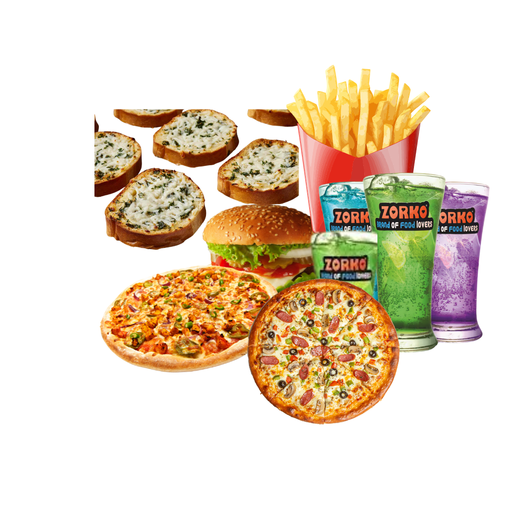  Veg Exotic Pizza + Margherita Pizza +Mexican King Burger + Classic Garlic Bread + Salted French Fries + Any Four  Mojito 