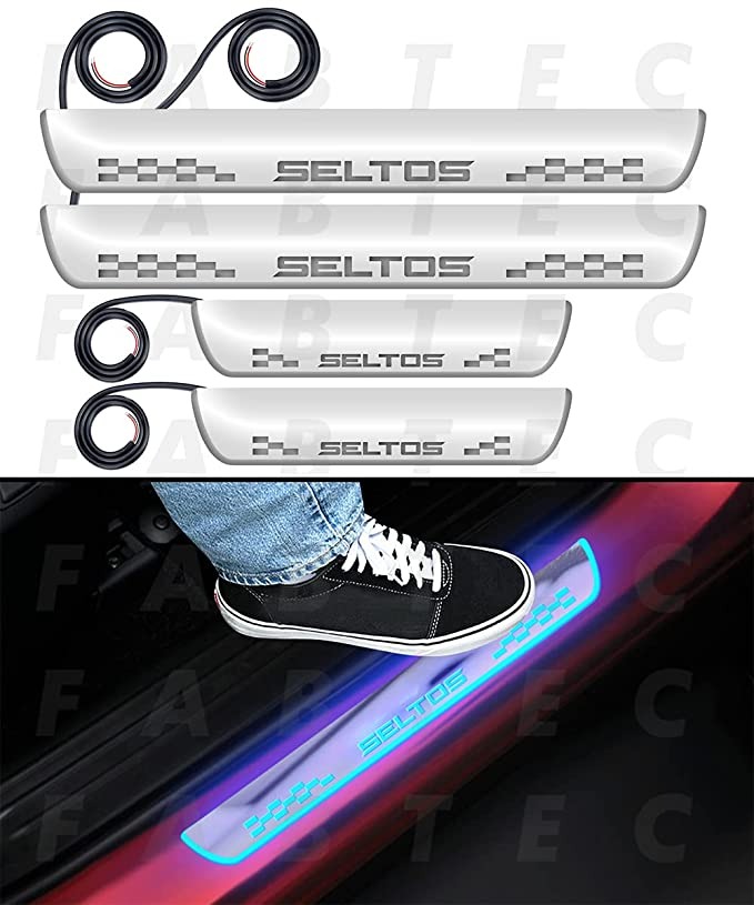 Car Door Foot Step with Mirror Finish Led Sill Plate Compatible for Kia Seltos (Set of 4) (Blue)