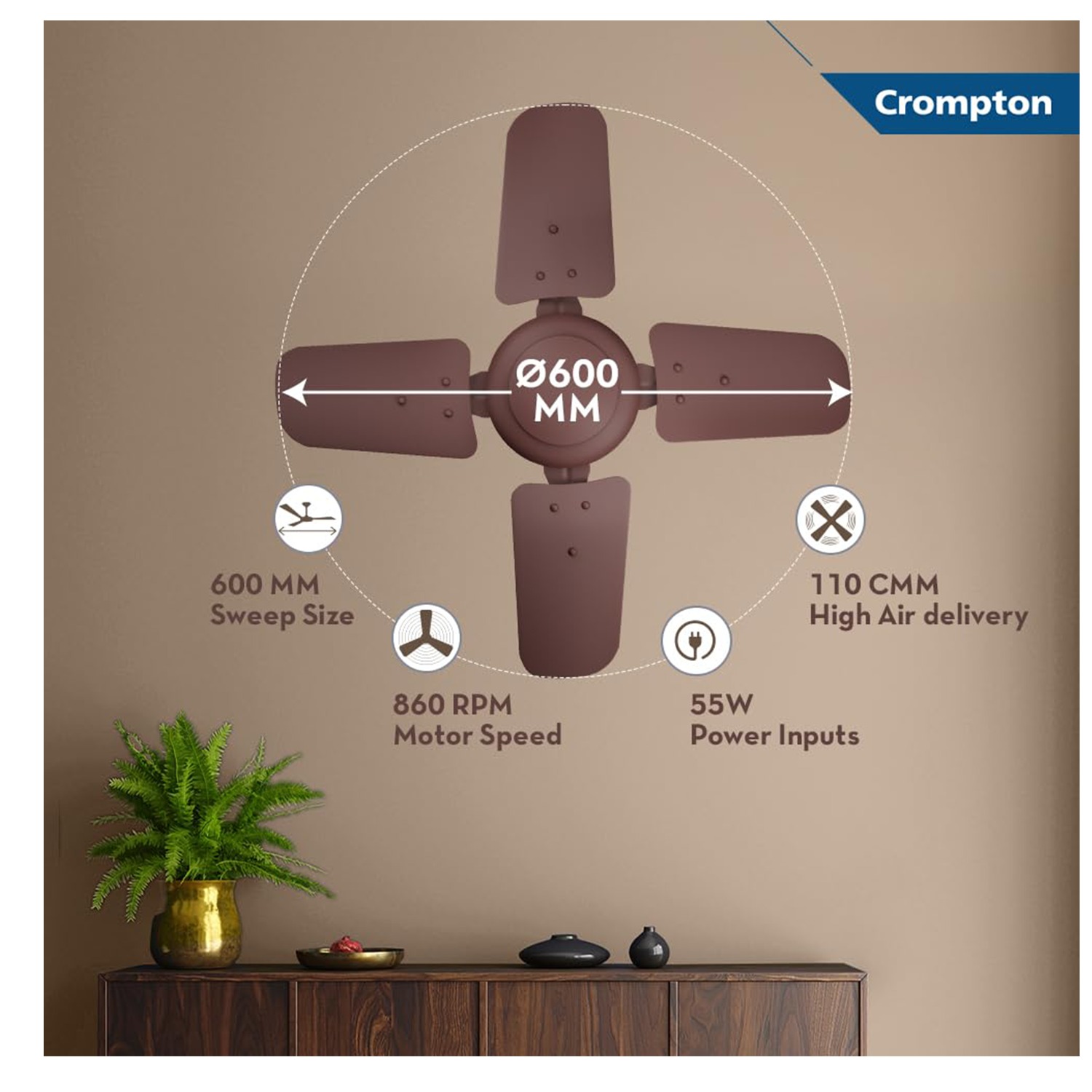 Crompton Brizair 600 MM (24 inch) 4 Blades Anti Rust Small Ceiling Fan (Brown)) - Brown