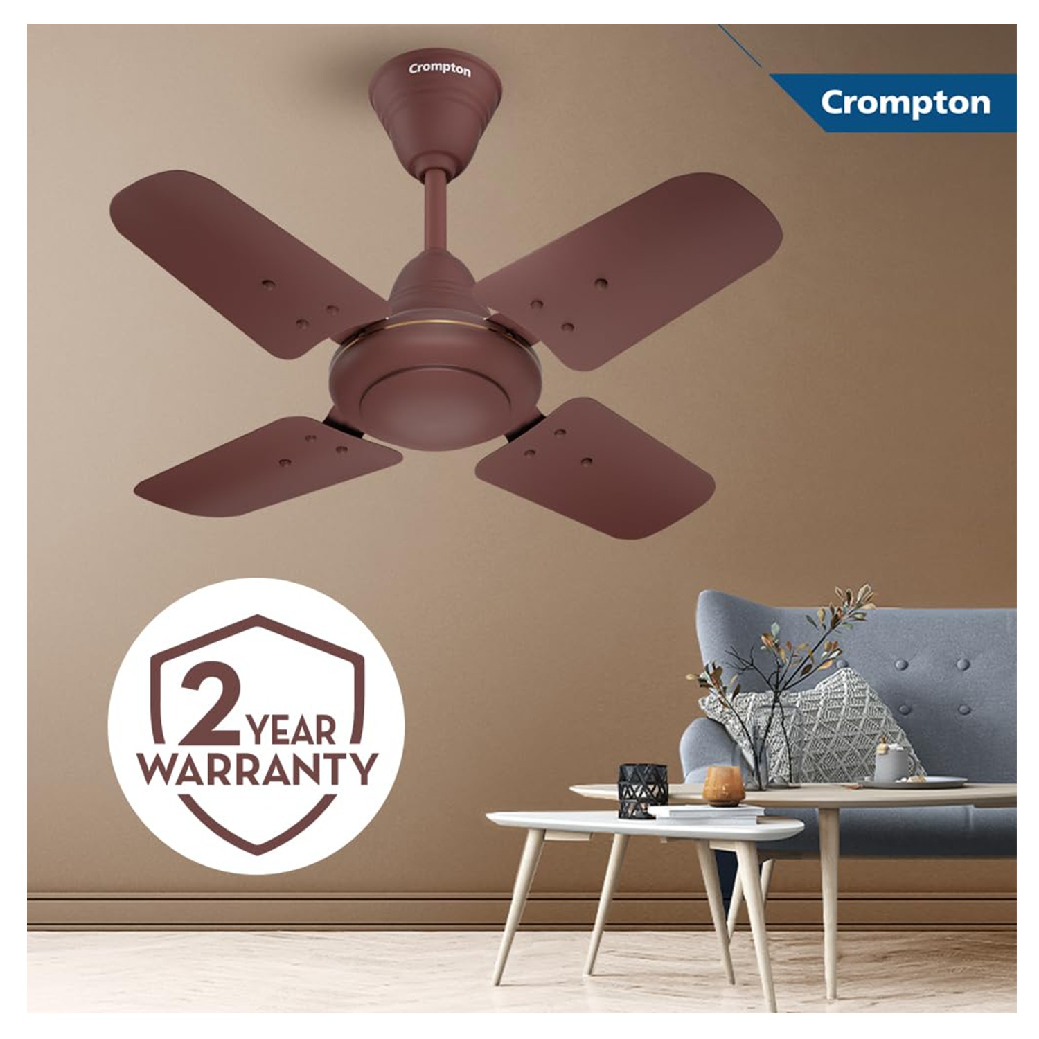 Crompton Brizair 600 MM (24 inch) 4 Blades Anti Rust Small Ceiling Fan (Brown) - Brown