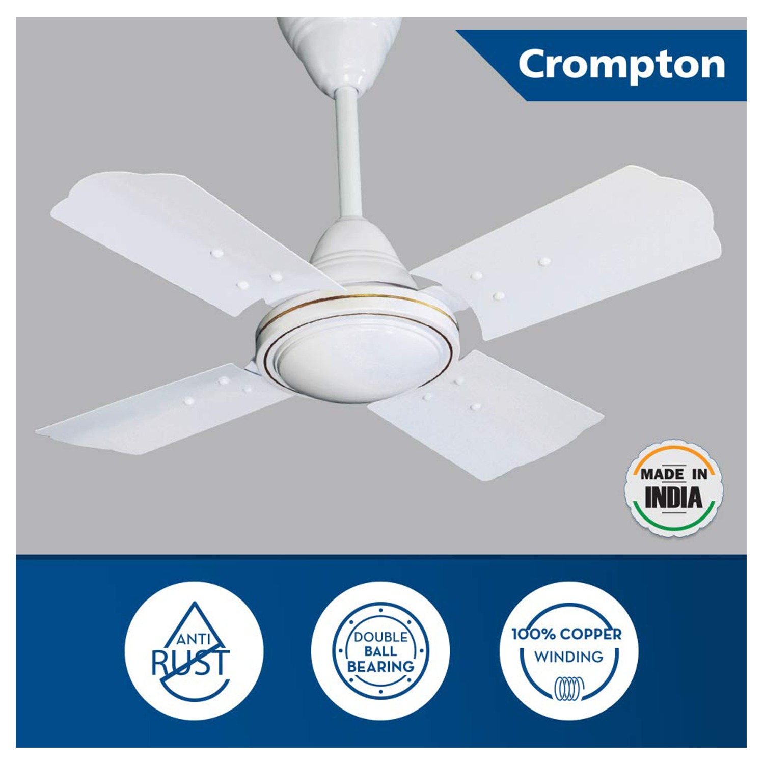 Crompton Brizair 600 MM (24 inch) 4 Blades Anti Rust Small Ceiling Fan (White) - White