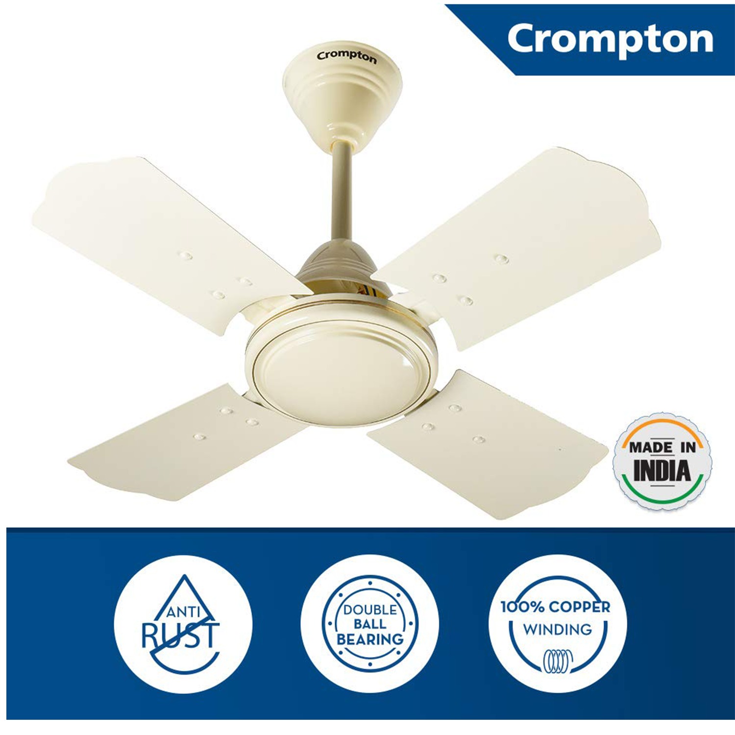 Crompton Brizair 600 MM (24 inch) 4 Blades Anti Rust Small Ceiling Fan (Ivory) - Ivory