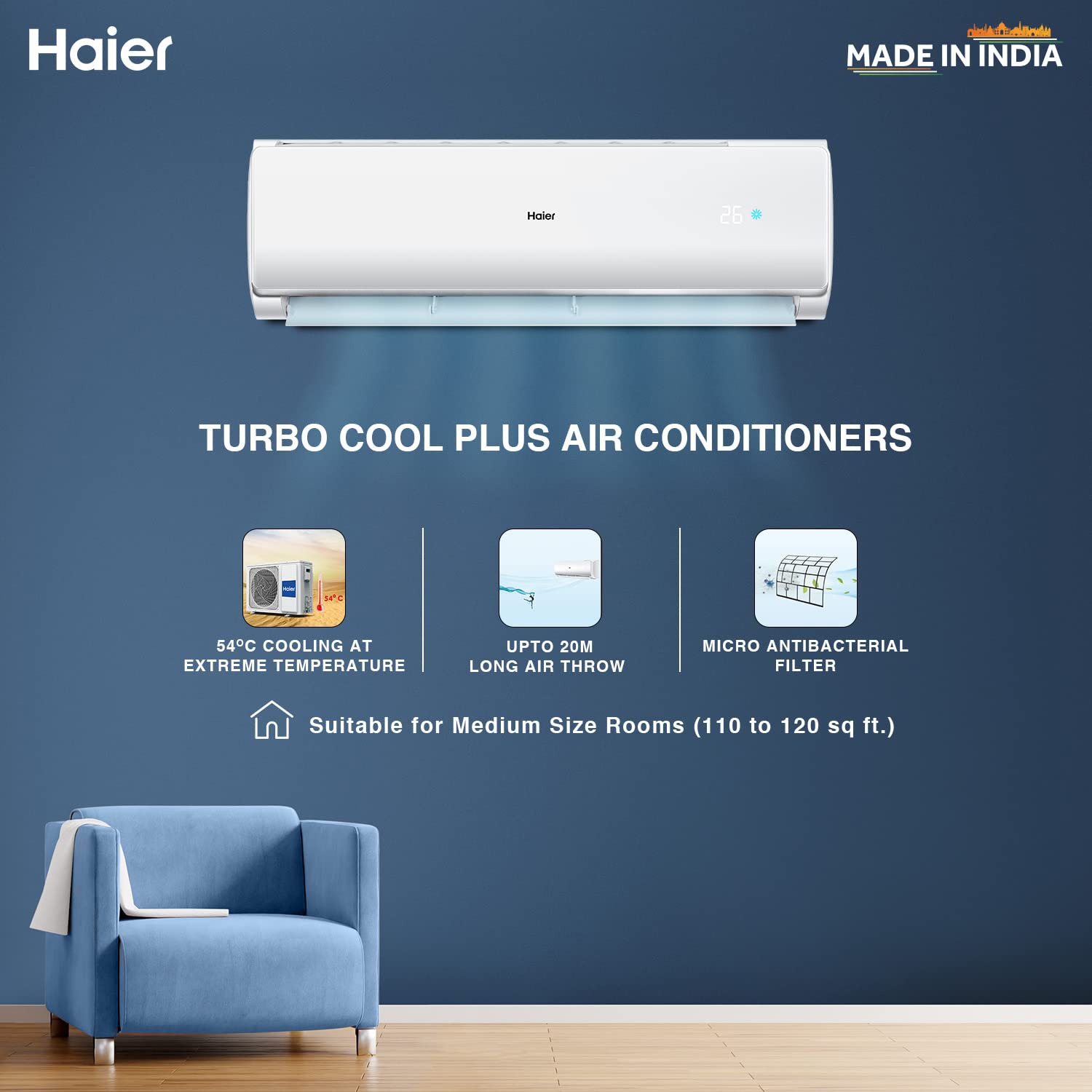 Haier 1 Ton 2 Star Fixed Speed Split AC | Copper, Antibacterial Filter, HSU12T-TQS2BE-FS (White)