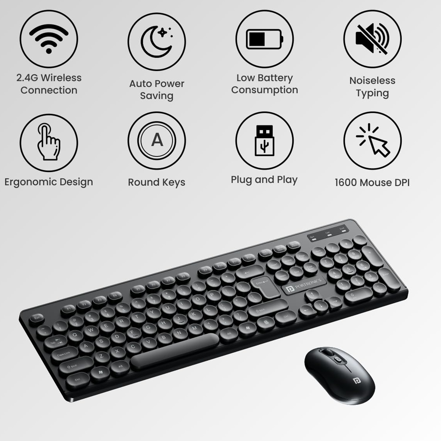 Portronics Key6 COMBO Wireless Keyboard and Mouse Set with 2.4 GHz USB Receiver, Noiseless Typing, Adjustable DPI Upto 1600, Spill Resistant & Anti-Fade Keys for PC, Laptop, MacBook (Black)