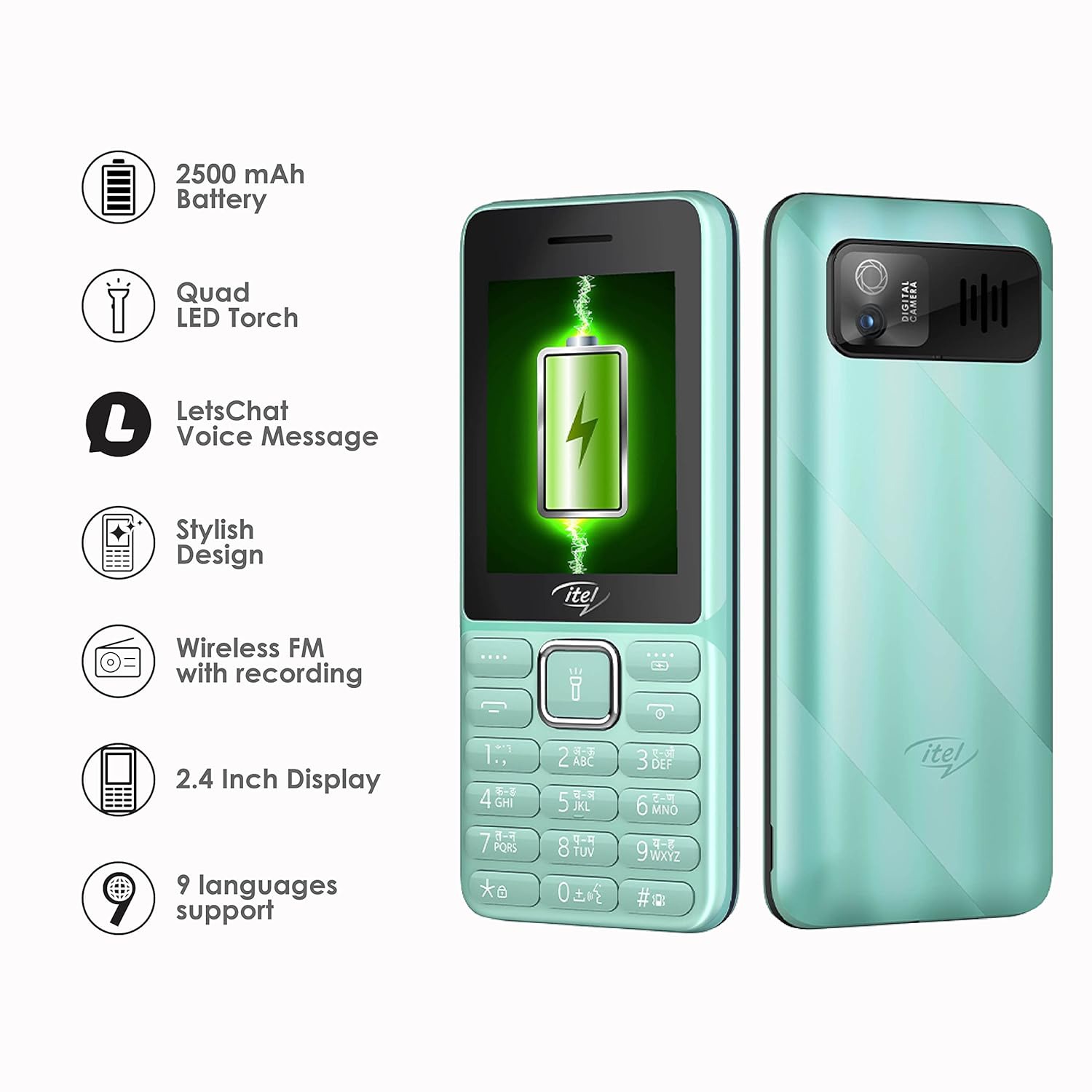 itel Power440 New Come with 2.4" Display, 2500 mAh Battery, Kingvoice with Strip Torch LED Torch (Light Green)