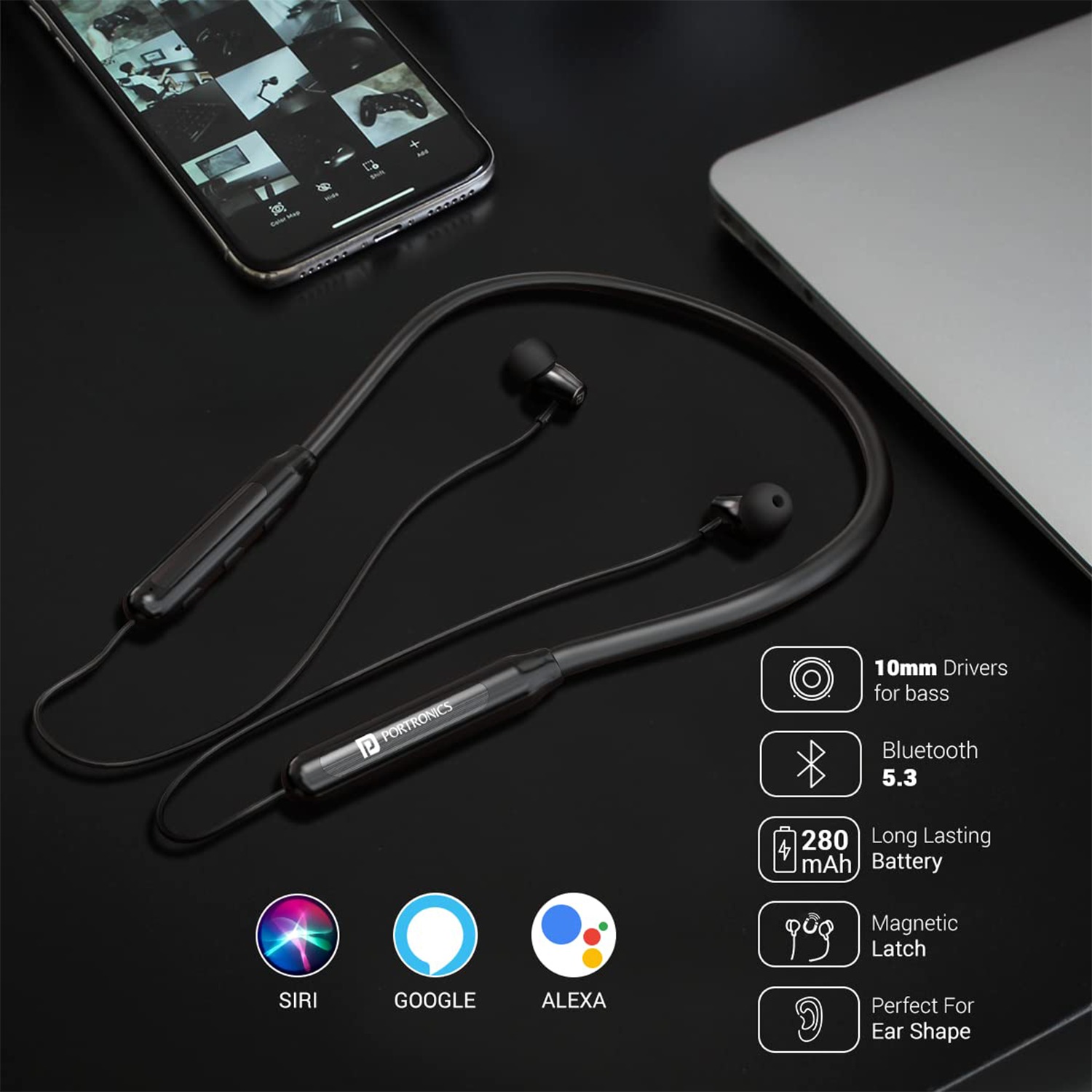 Portronics Harmonics Z3 Wireless Bluetooth 5.3 Neckband in Ear Earphones with Mic, 30Hrs Playtime, Magnetic Latch, IPX5 Water Resistant, Type C Fast Charging (Black)