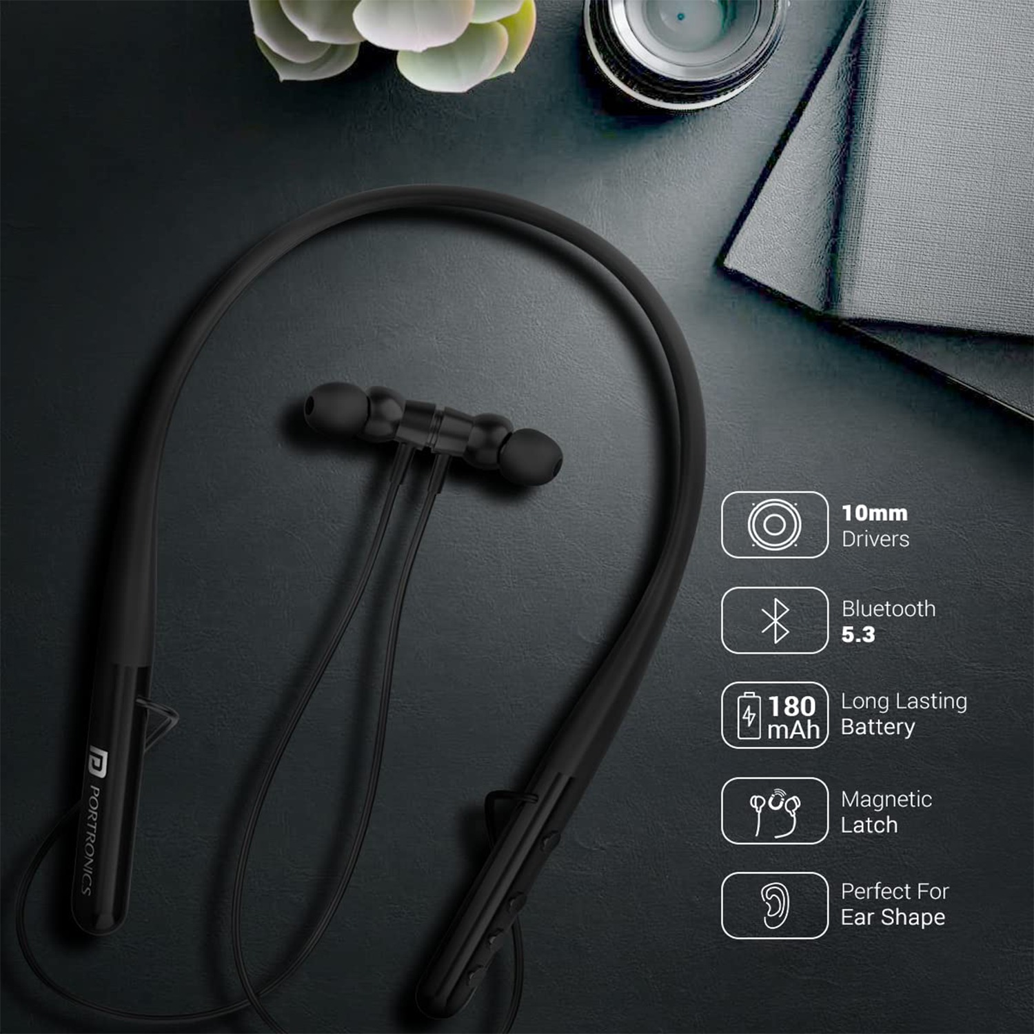 Portronics Harmonics Z4 Wireless Bluetooth 5.3 Neckband in Ear Earphones with Mic, 30Hrs Playtime, Gaming Mode, Voice Assistance, Magnetic Latch, IPX4 Water Resistant, Type C Fast Charging (Black)