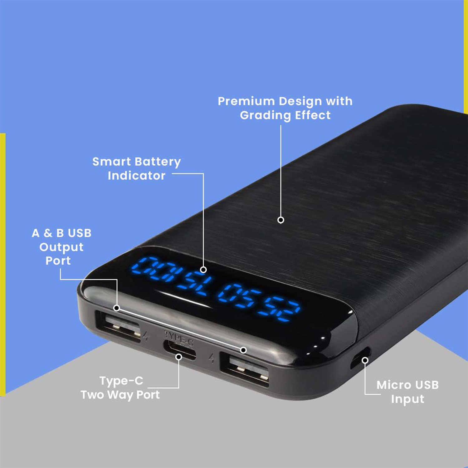 Reverb PB100 | 10000 mAh | 12W Power Bank | Dual USB Output | Type C and Micro Options for Input (Black)