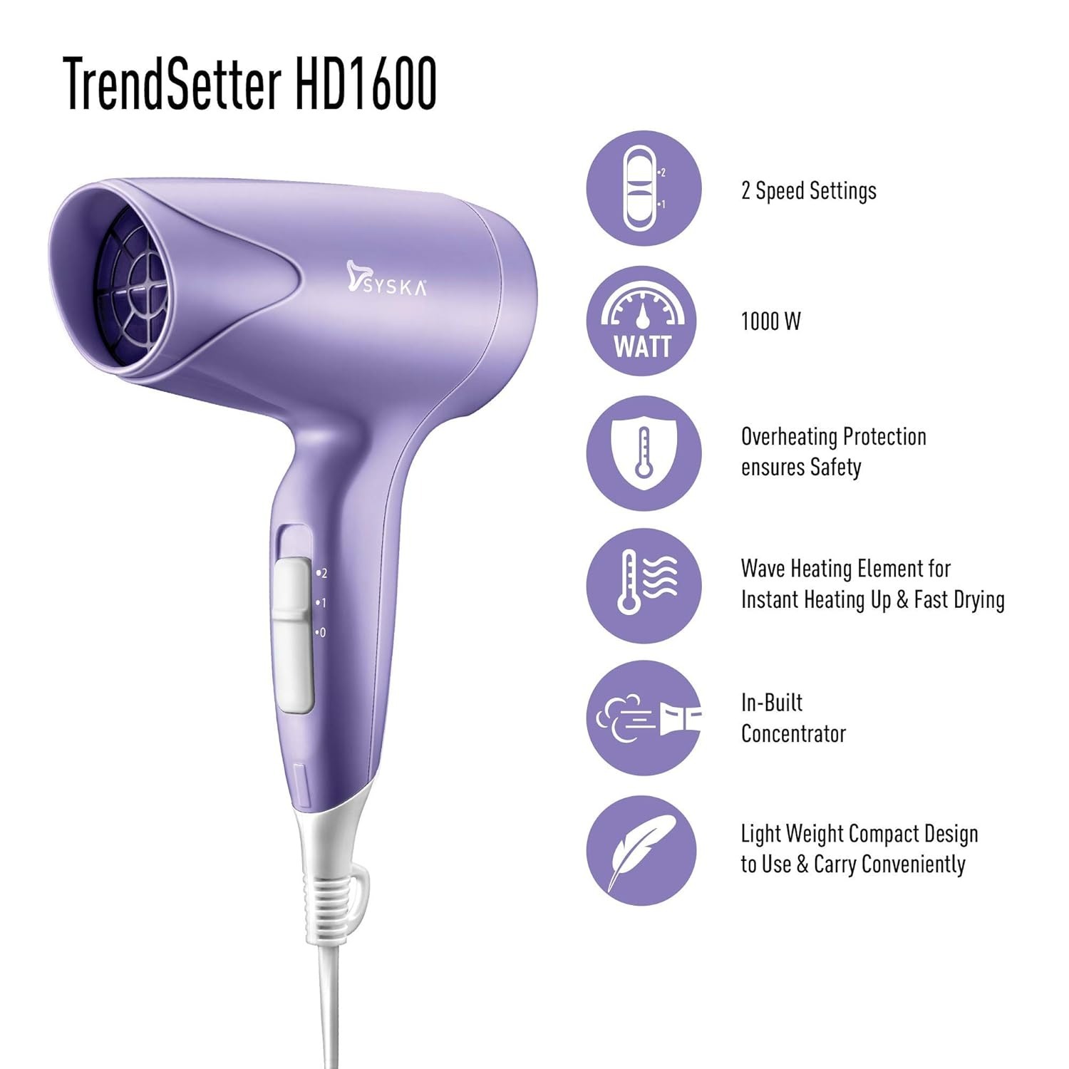 Syska HD1600 Trendsetter Hair Dryer With 1000 Watts Heat Balance Technology (Purple)