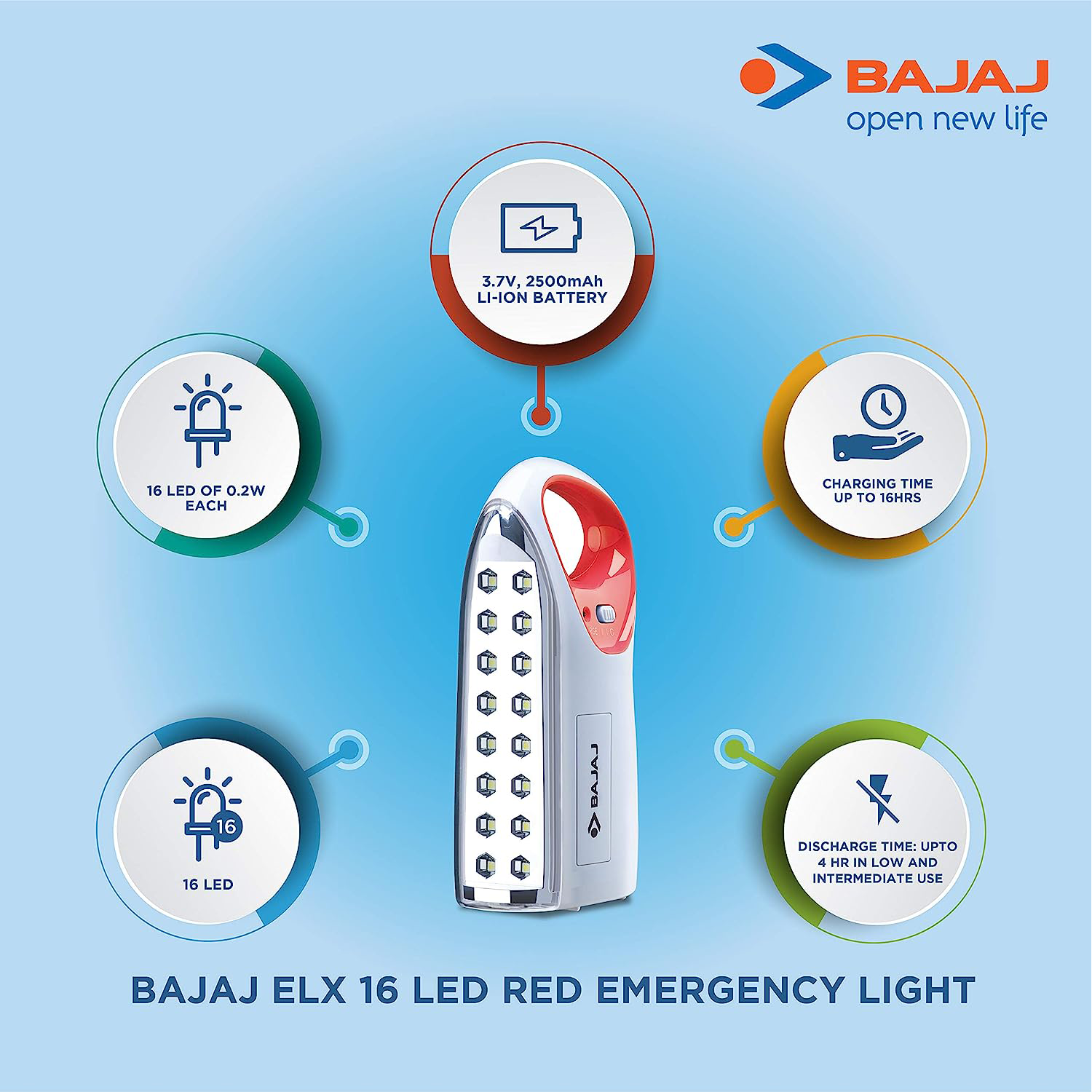 Bajaj ELX 16 LED RED Emergency Light (White & Red)