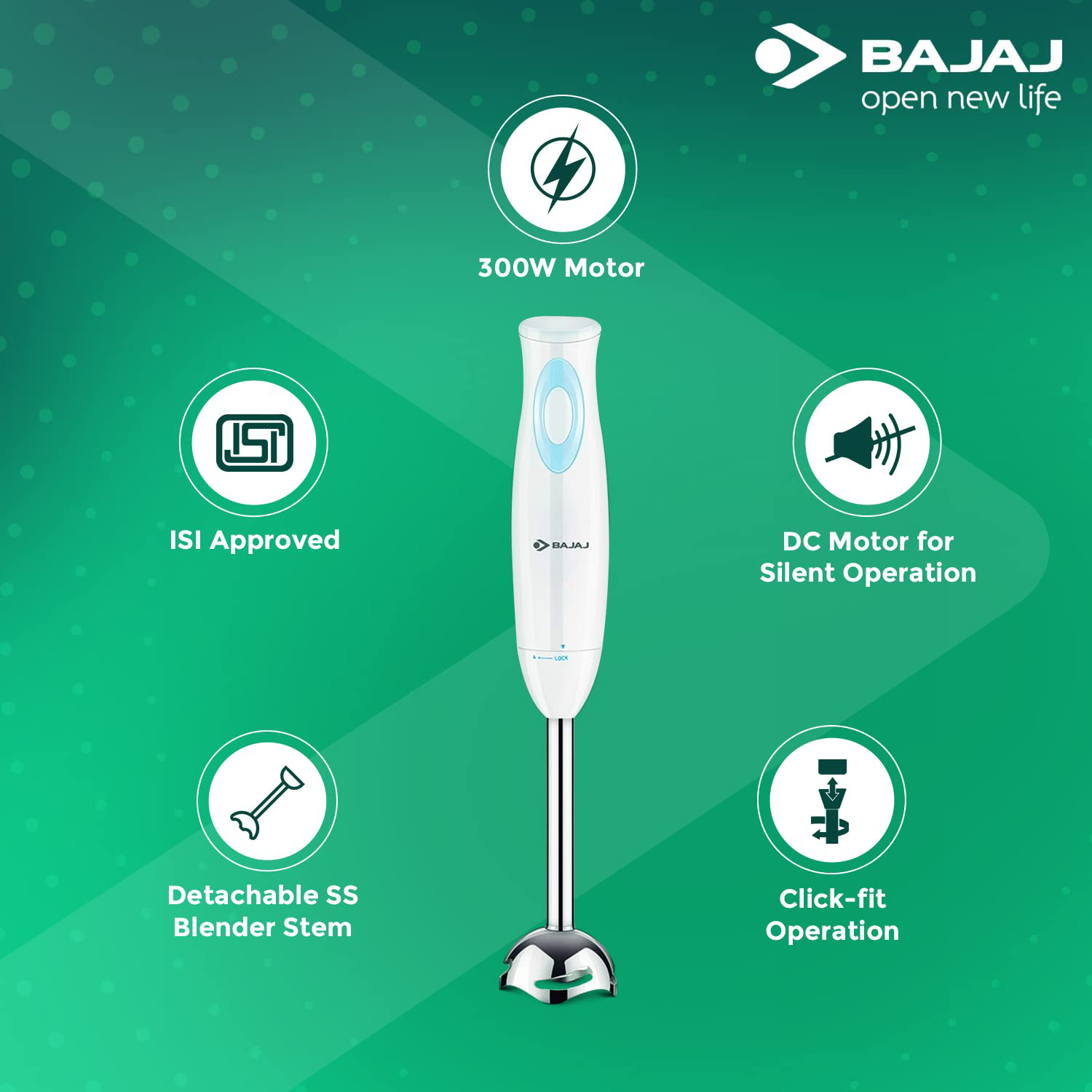 Bajaj HB 16 Hand Blender 300W DC Motor (White)