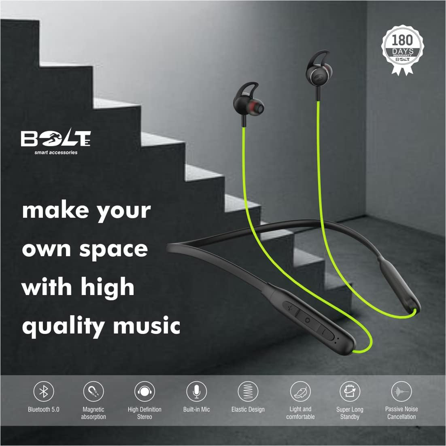 BOLTE BNB-04 Wireless/Bluetooth Neckband Shark Series, Wireless Headset, Magnetic Earbuds with MIC (Black)