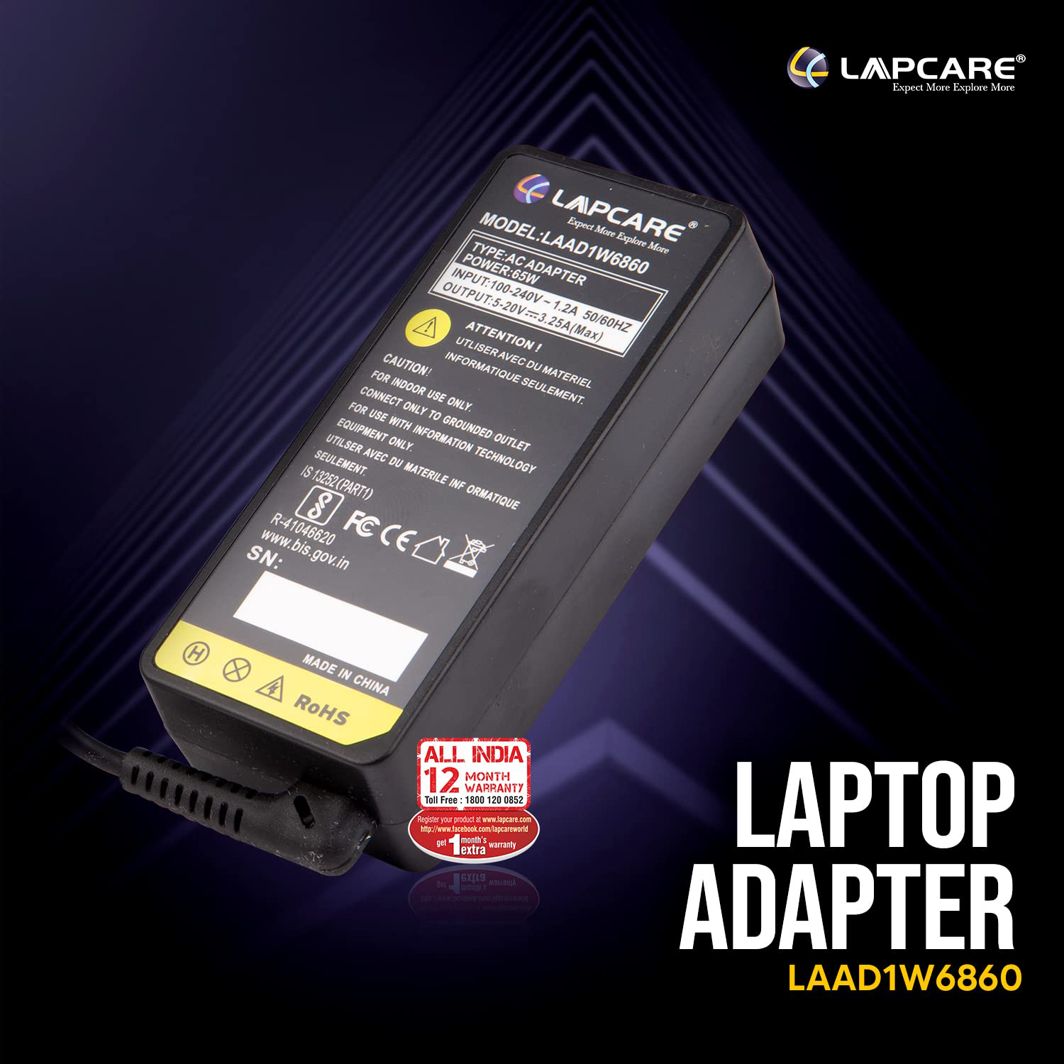 Lapcare Laptop Adapter 65W Type-C Type (Black)