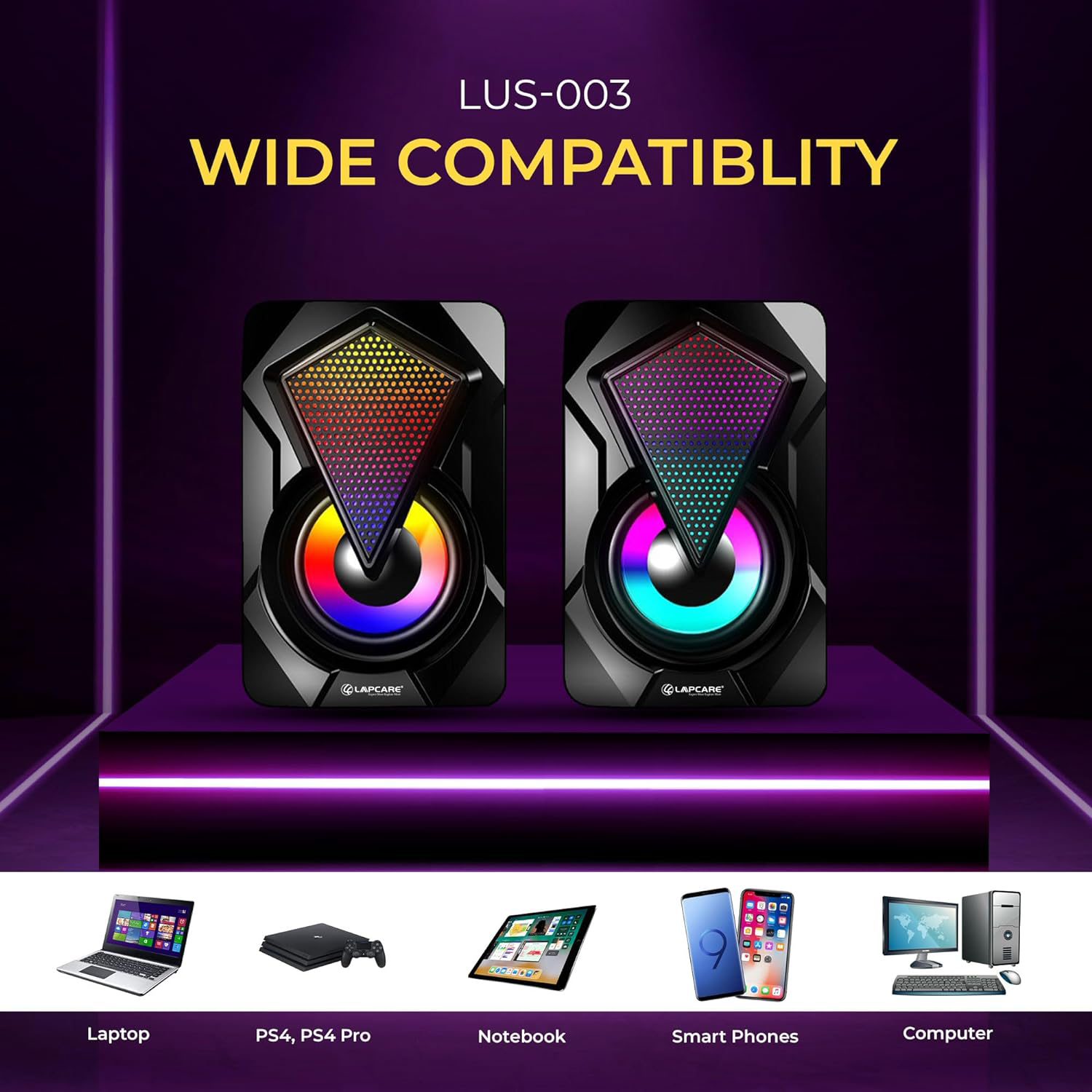 Lapcare LUS-003 USB 2.0 with LED Light | Gaming Speaker 6W 2.0 Multimedia Speaker with Aux Connectivity,USB Powered and Volume Control (Black)